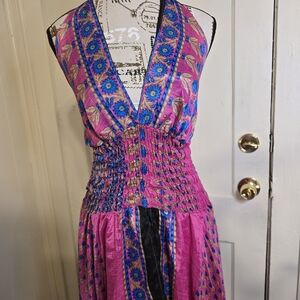 100% SILK Floral Pink and Blue Women's Dress